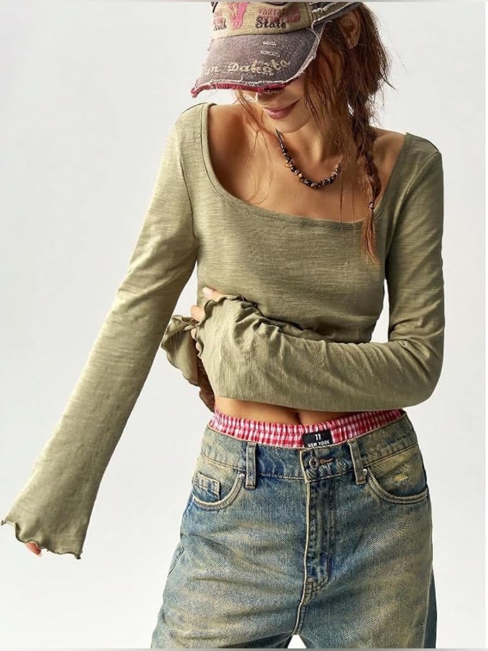 Shein Bohemela Long Sleeve Lettuce Edge Olive Green Scoop Hem Top Bohemian Small